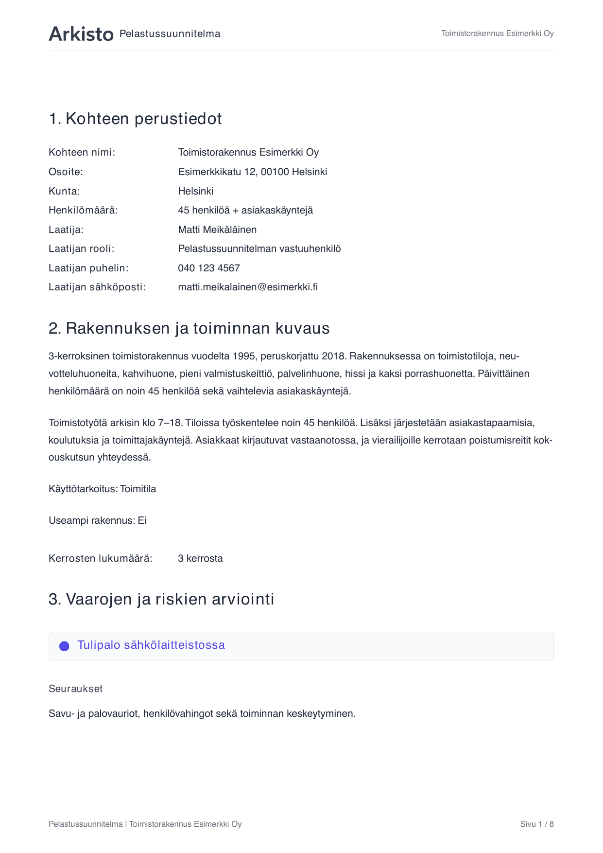 Arkisto-palvelussa tuotettu pelastussuunnitelman PDF-esikatselu: kohteen perustiedot, riskien arviointi -taulukko ja vastuuhenkilöt.